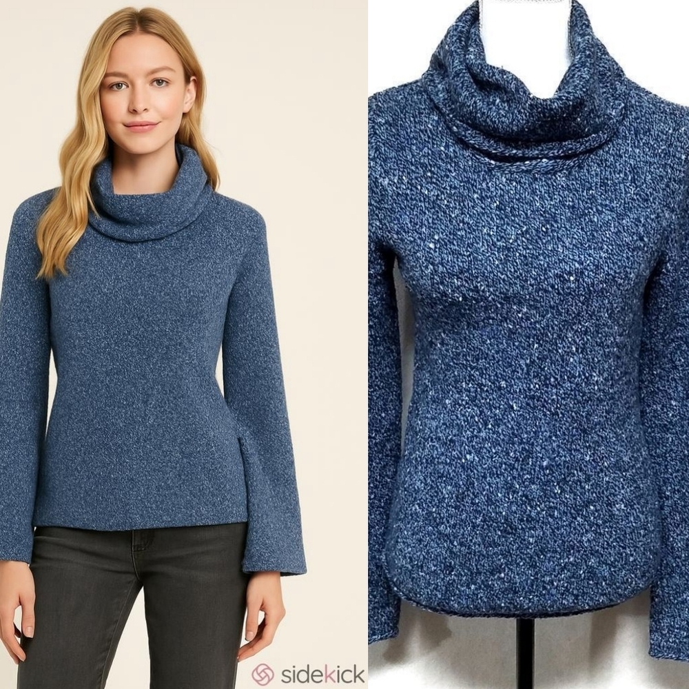 Express Vintage 90s Blue Wool Speckled Knit Flare Sleeve Turtleneck Sweater S